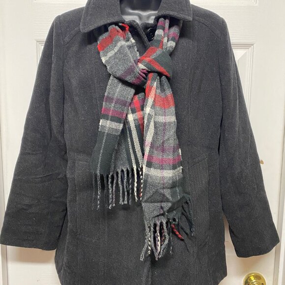 London Fog Coat with Scarf black Wool blend outer polyester liner Dry Clean only - Picture 5 of 8